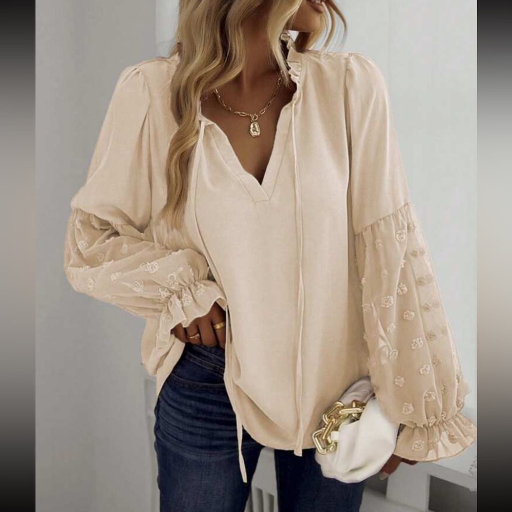 Boho  Swiss dot sleeve tie neck blouse - Picture 4 of 13